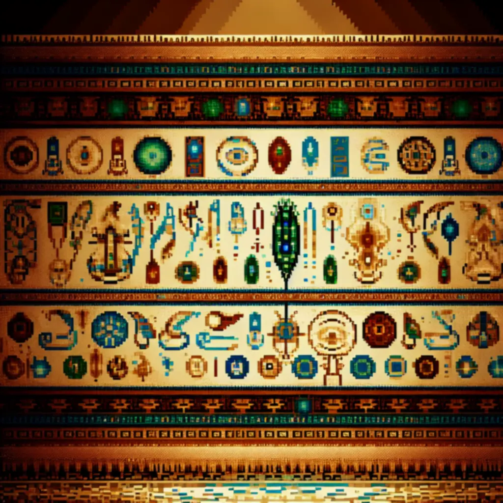 Starożytna tkanina przedstawiająca relikty i symbole mocy w stylu pixel-art