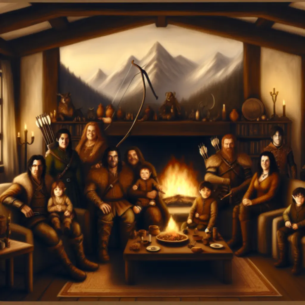 Rodzina Bergsonów przy kominku – ciepła scena w pixel-art