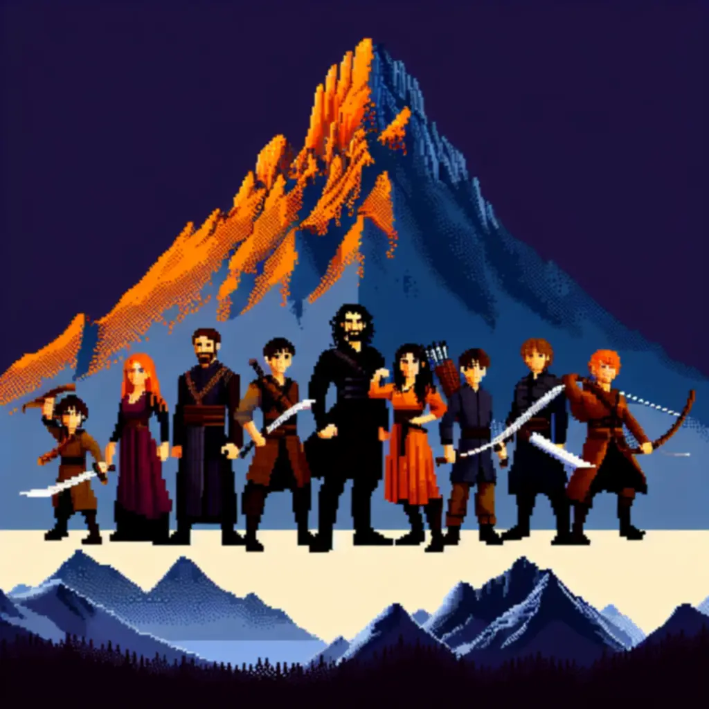 Pixel-artowa kompozycja rodziny Bergsonów na tle Mount Morta