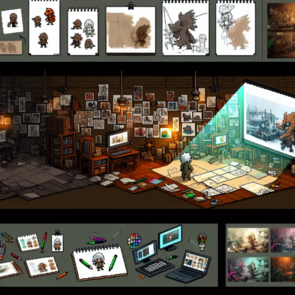 Szkice koncepcyjne i pipeline artystyczny w stylu pixel-art