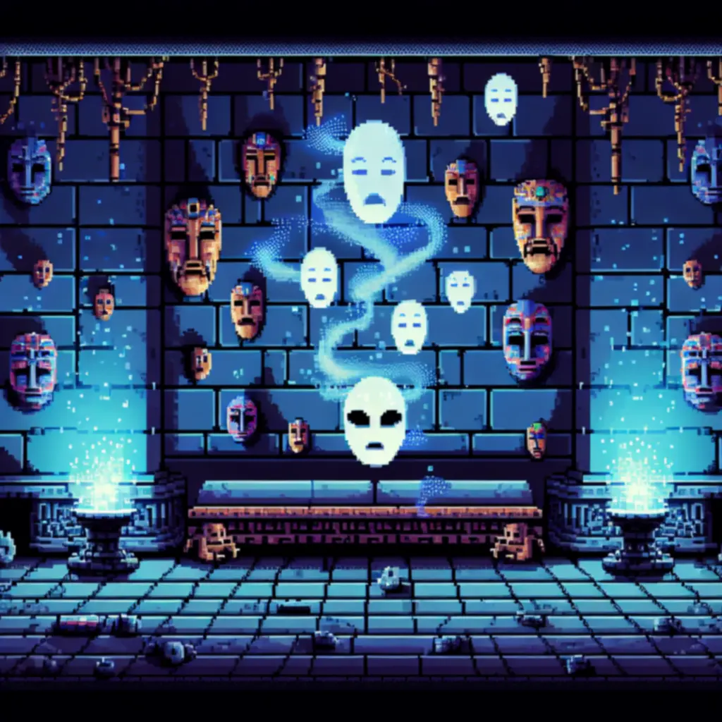 Koncept-art przedstawiający duchy i tajemnicze maski