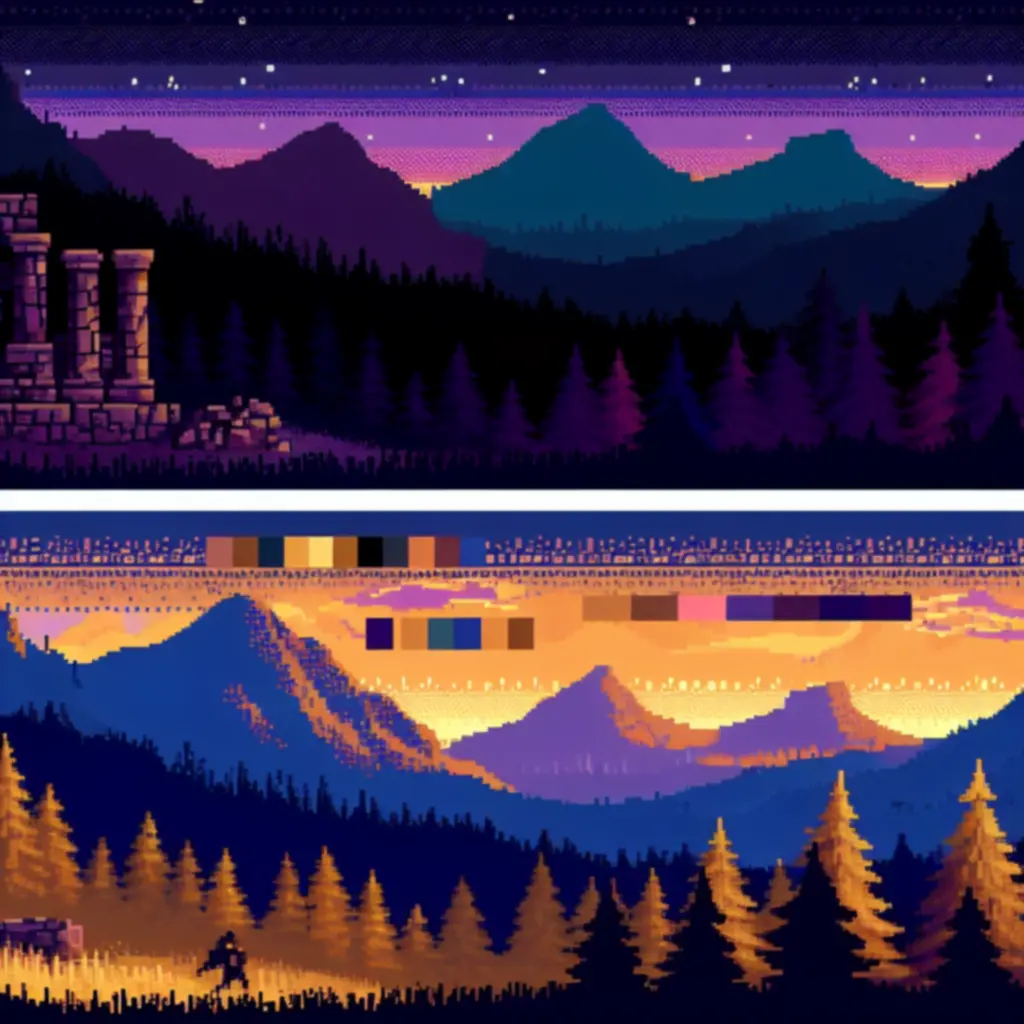Atmosferyczna scena z Mount Morta w stylu pixel-art
