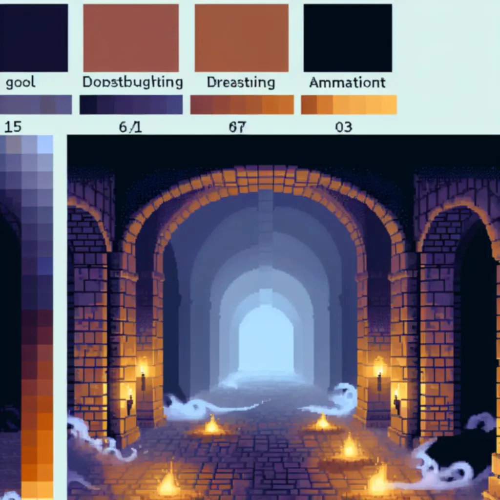 Pixel-artowa scena lochów Mount Morta z dramatycznym oświetleniem