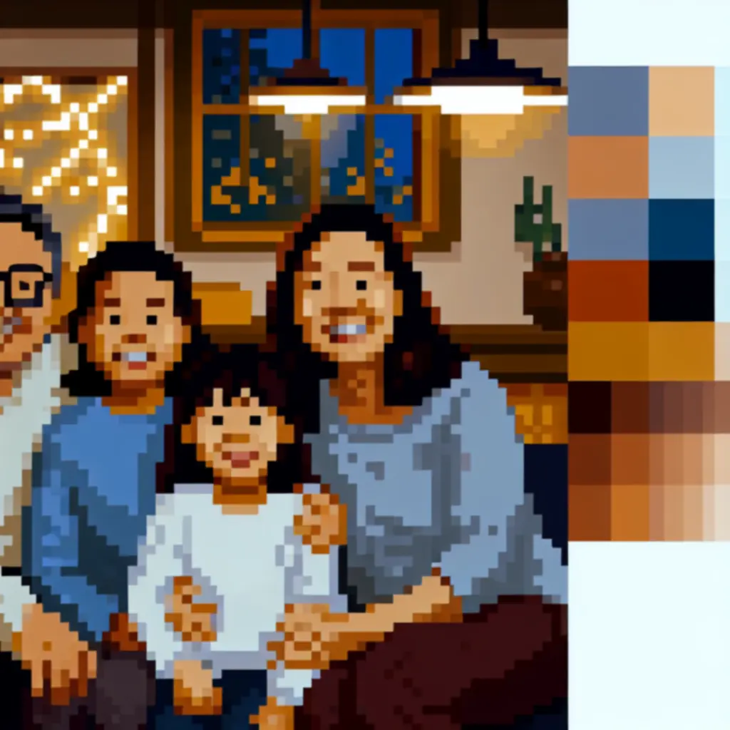 Rodzinny portret Bergsonów w ciepłym, pixel-artowym świetle