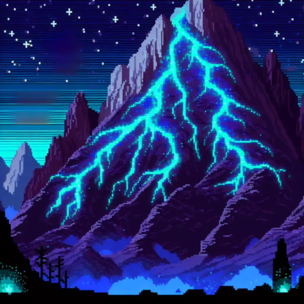 Ilustracja Mount Morta w pixel-art: nocne niebo i świetliste żyły energii w skale