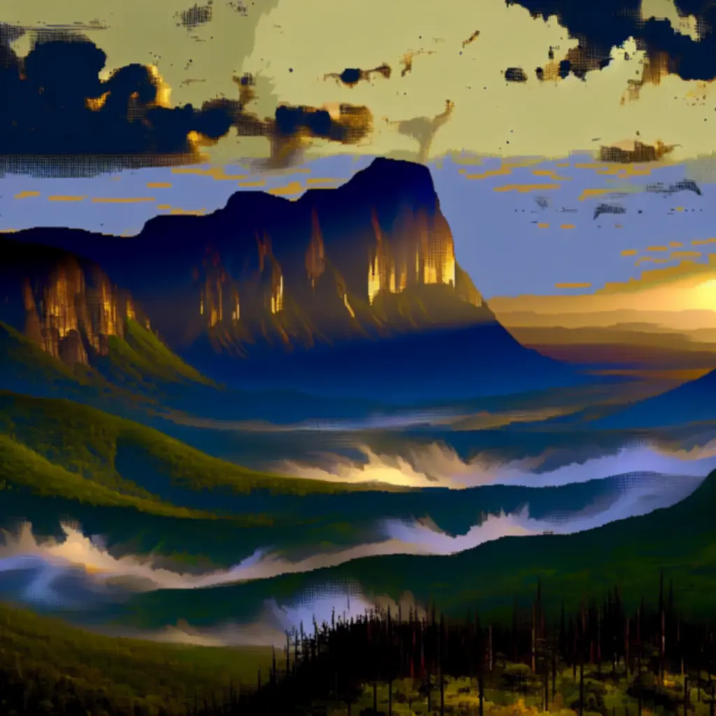 Panorama Góry Morta w stylu pixel-art z nastrojowym oświetleniem