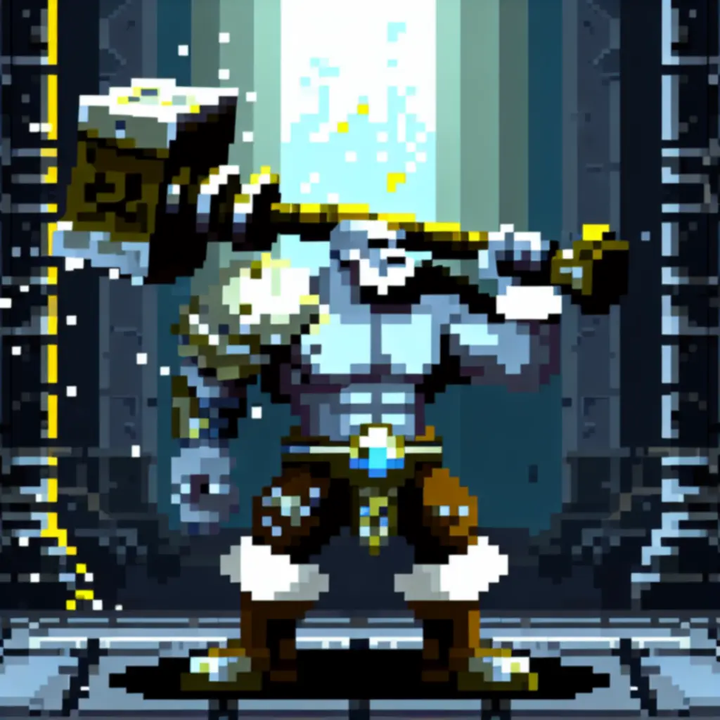 Joey Bergson z potężnym młotem, pixel-art