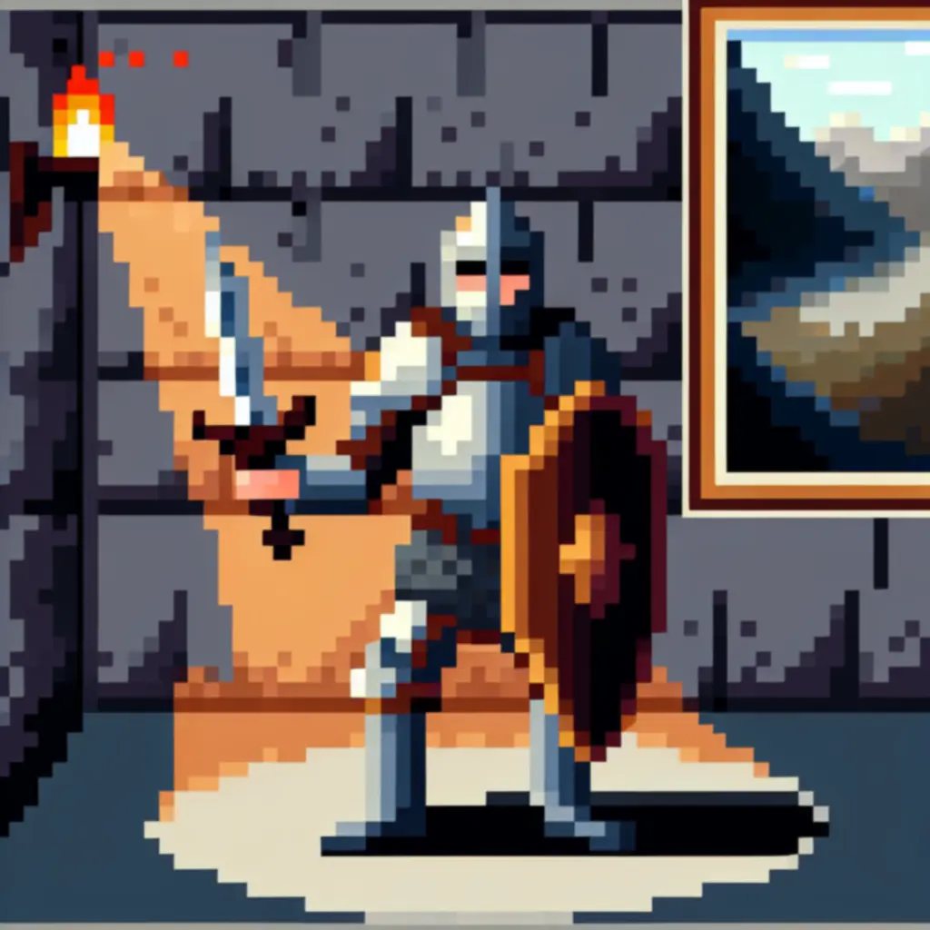 John Bergson z mieczem i tarczą w pixel-arcie