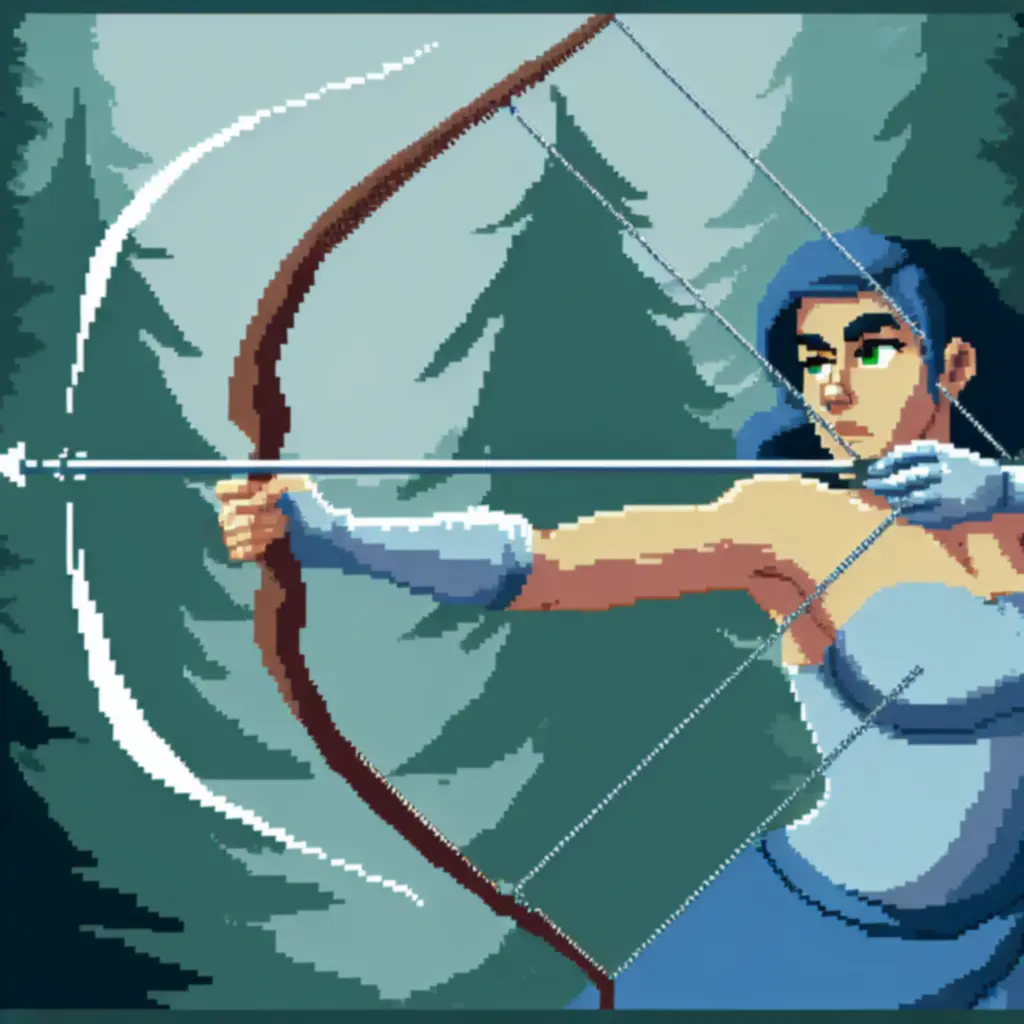 Linda Bergson napinająca łuk, pixel-art