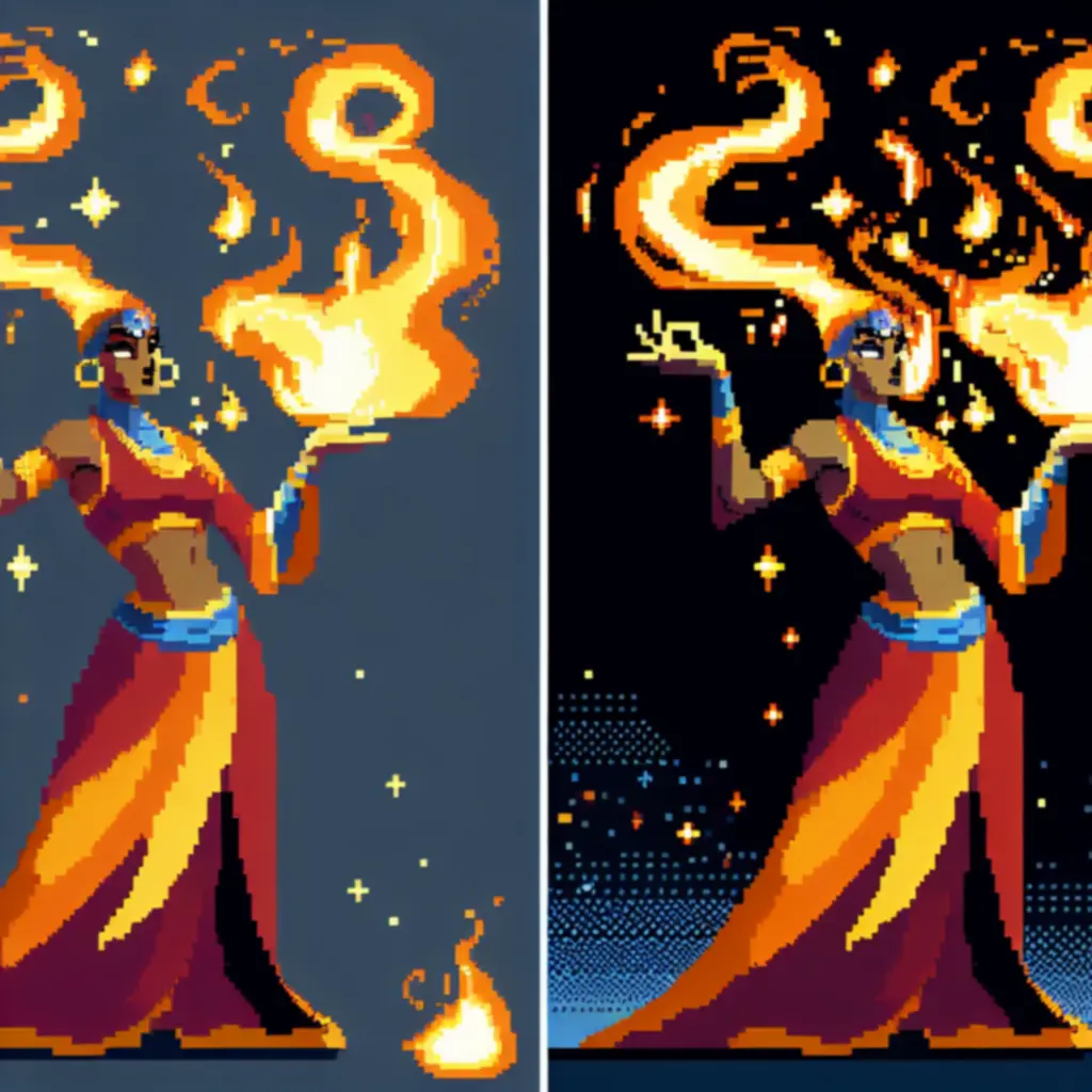 Lucy Bergson władająca ogniem, pixel-art