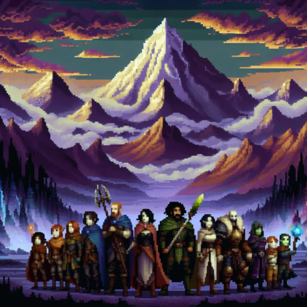 Kolaż pikselowej sztuki przedstawiający rodzinę Bergsonów i krajobraz Mount Morta