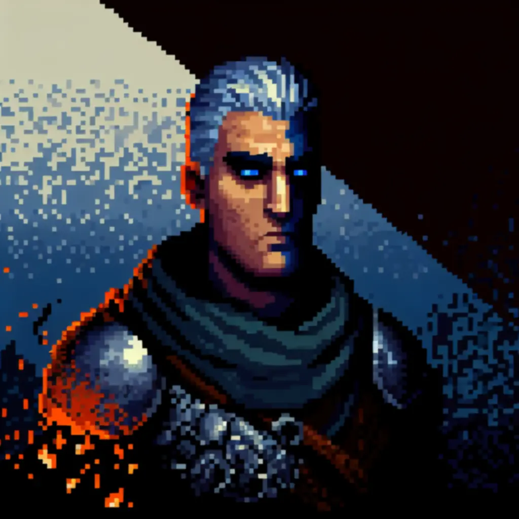 Detaliczny portret w pixel-arcie z dramatycznym światłocieniem